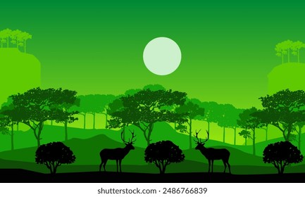 Silhouette of wild deer Trees with mountains background