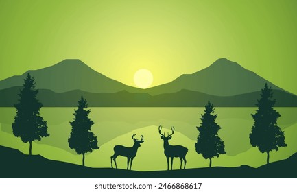 Silueta de ciervo salvaje con árboles en el borde del lago y hermosas montañas en la mañana, tarde, puesta del sol, salida del sol