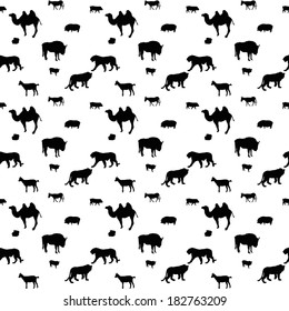 Silhouette of Wild and Domestic Animals. Seamless Pattern. Vector Illustration.
