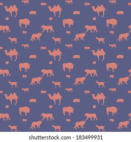 Silhouette of Wild and Domestic Animals. Seamless Pattern. Vector Illustration.