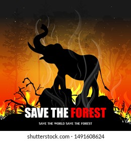 Silhouette of a wild elephant amid a forest flame. Concept of forest encroachment, forest burning, deforestation, the effects of forest burning. Global warming. Vector illustration.