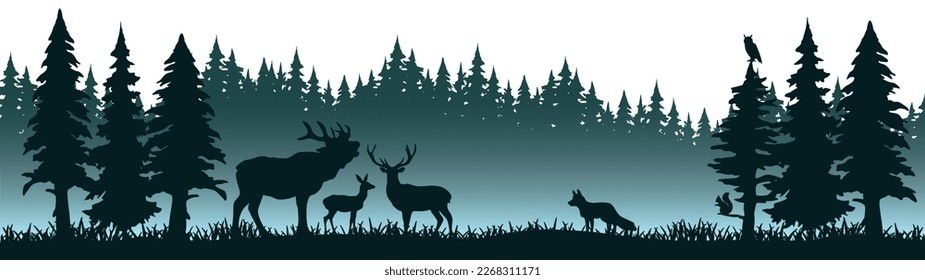 Silhouette of wild forest woods animals and misty fog forest fir trees camping adventure wildlife landscape panorama illustration icon vector for logo, isolated on white background	