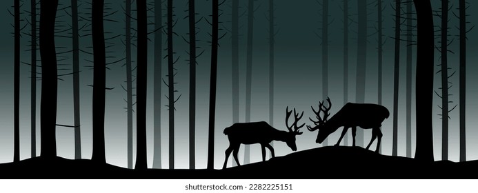 Silhouette of wild forest woods animals deer and misty fog forest fir spruce trees camping adventure outdoor wildlife hunting landscape panorama illustration icon vector for logo