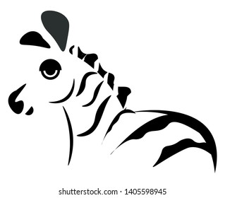 Silhouette of the wild horse with black-and-white stripes and an erect mane set isolated on white background viewed from the side, vector, color drawing or illustration. 