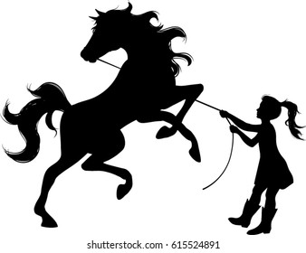 Silhouette of a Wild Horse and Girl - Vector Illustration