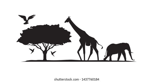 Silhouette Wild life vector illustration. Eagle, Girafe, Elephant, humming bird, Tree vector