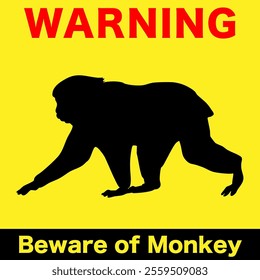 Silhouette of a wild monkey.
Warning illustration on a yellow background.