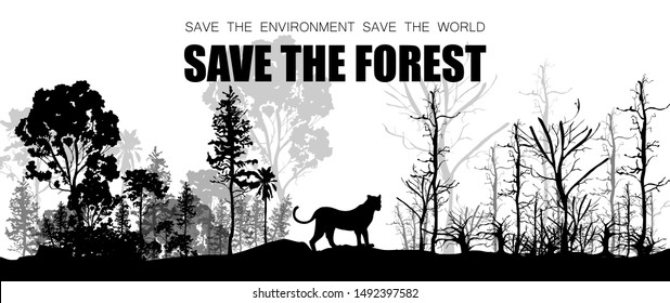 Silhouette of a wild tiger with a fertile and arid tree. Concept of nature forest encroachment, forest burning, deforestation Impact on wildlife, humans, and global warming. Vector illustration.