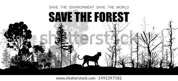 肥沃で乾燥した木を持つ野生の虎のシルエット 森林侵犯 森林の燃焼 森林破壊のコンセプト野生生物 人間 地球温暖化に影響を与えます ベクターイラスト のベクター画像素材 ロイヤリティフリー