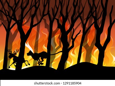 Silhouette wildfire forest background illustration