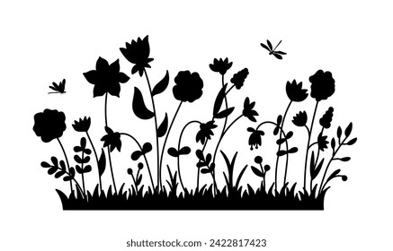 Silhouette wildflowers grass and dragonfly. Black hand drawn vector illustration with spring or summer flowers. Shadow of herb and plant. Nature field isolated on white background