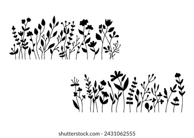 Silhouette wildflowers grass and dragonfly set. Black hand drawn vector illustration with spring or summer flowers. Shadow of herb and plant. Nature field isolated on white background