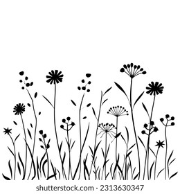 Silhouette wildflowers grass. Vector black hand drawn illustration with spring or summer flowers. Shadow of herb and plant.