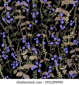 Silhouette of wildflowers and grasses drawn by hand in flat style on dark background. Summer floral seamless pattern vector illustration for postcard, textile, fabric, poster, ecology package.