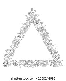 A silhouette of wildflowers and a place for text. Triangular frame of vector flowers and leaves of different types.
