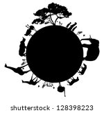 Silhouette of wildlife animals in Africa walking around the world, vector