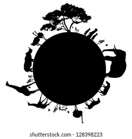 Silhouette of wildlife animals in Africa walking around the world, vector