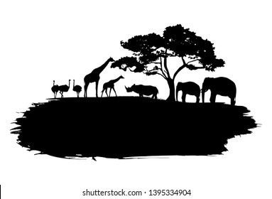 Silhouette of wildlife animals in Africa walking on splash paint, Vector