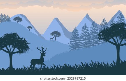 Silhueta alces vida selvagem em paisagem de floresta de montanha. Bela vista. Ilustração vetorial. 