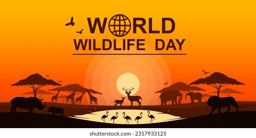 Silhouette of wildlife family on sunset sky background, Wildlife and Ecology of grassland savanna, Environment and Wild animals conservation, National park in Africa, Eco friendly, World wildlife day.