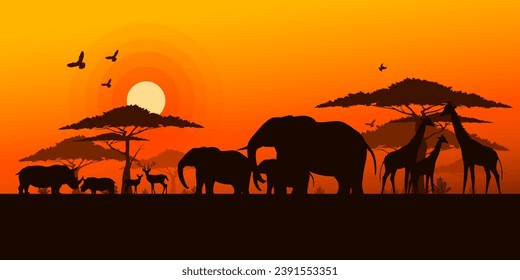 Silhouette of wildlife family on sunset sky background, Wildlife and Ecology of grassland savanna, Environment and Wild animals conservation, National park in Africa, Eco friendly, World wildlife day.