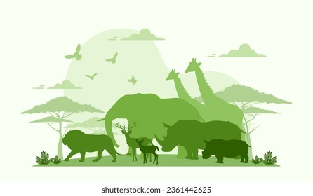 Silhouette of wildlife family safari, Wildlife diversity and Ecology of grassland savanna, Environmental and Wild animals conservation, National park in Africa, Eco friendly and World wildlife day.