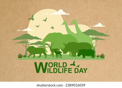 Silhouette of wildlife family safari, Wildlife diversity and Ecology of grassland savanna, Environmental and Wild animals conservation, National park in Africa, Eco friendly and World wildlife day.