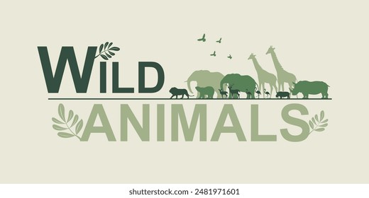 Silueta de la familia de la fauna silvestre, diversidad de safari de la fauna silvestre y ecología de la sabana de pastizales, conservación del medio ambiente y de los animales silvestres, parque nacional en África, respetuoso del medio ambiente y día mundial de la fauna.