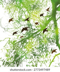 Silhouette of willow green tree branch with flying birds . Not AI, vector illustration