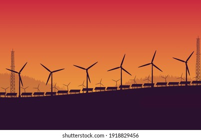 silhouette wind turbine solar panel farm on orange gradient background