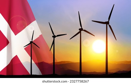 SIlhouette of wind turbines against the sunset with Denmark flag. EPS10 vector