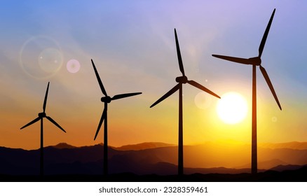 SIlhouette of wind turbines against the sunset. EPS10 vector
