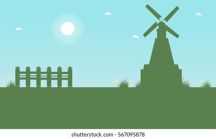 Silhouette of windmill beauty landscape at spring vector art