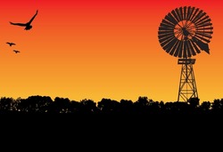 Silhouette Of Windmill And Gum Tree, Three Birds Flying In The Sunset