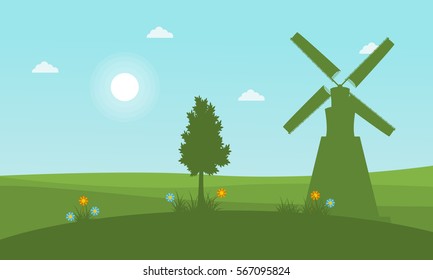 Silhouette of windmill and tree at spring landscape vector