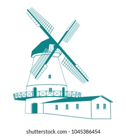 Silhouette of a windmill. Vintage drawing. Vector illustration.
