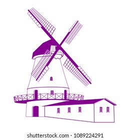 Silhouette of a windmill. Vintage drawing. Vector illustration.
