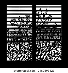 Silhouette of window and branches with leafs on black. Blinds lowered to the middle.