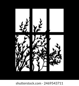 Silhouette of window and brunch of bushes on white. Gobo mask.