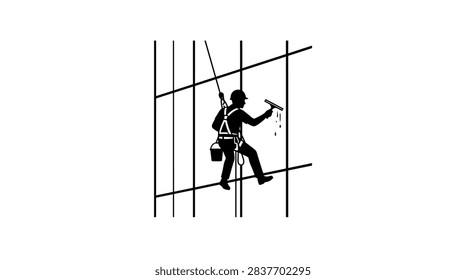 Silhouette of a window cleaner rappelling down a modern building exterior.