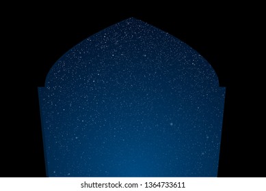 Silhouette window mosque on starry dark night sky. Shining stars on the dark sky. Arab night. Modern arabic banner, background, card, backdrop. Dome of mosque arabic month. Traditional holiday.