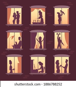 Silhouette in windows. People in night home lighting in house appartment vector silhouettes