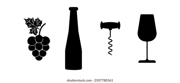 Silhouette of wine bottle, glass, grapes and corkscrew. Vector illustration of wine set, icons isolated on white background