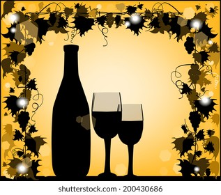 Silhouette of a wine bottle and glasses framed grape leaves 