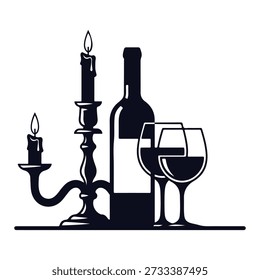 A silhouette of a wine bottle, two wine glasses filled with red wine, and a vintage candle holder with lit candles