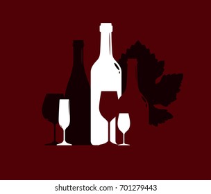 Silhouette of wine bottles and wineglasses on the background of grape leaf, vector illustration