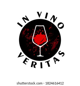 Silhouette of wine glass and abstract drop of red wine with latin phrase "In vino veritas"- truth in wine. Wine list.  Vector illustration.