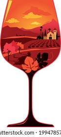 Silhouette of a wine glass filled with a wine region landscape with a generic Hispanic architecture winery and some grape leaves, EPS 8 vector illustration, no transparencies