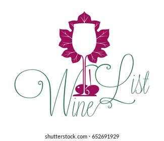 Silhouette of a wine glass with letters and olives, against a background of an elegant grape leaf. Color vector template, isolated, graphic design for logo, icon or wine list in restaurant.