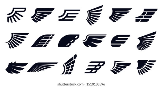 Silhouette wing icons. Bird wings, fast eagle emblem and decorative ornament angel wing stencil. Black tattoo sketch, airport logo or victory insignia. Isolated symbols vector bundle